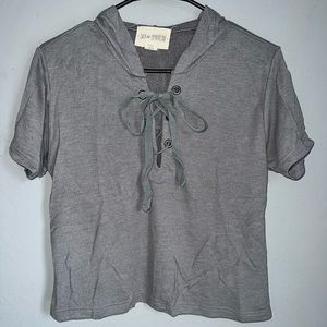 Gray Crop top cropped t-shirt hoodie with lace up detail in front